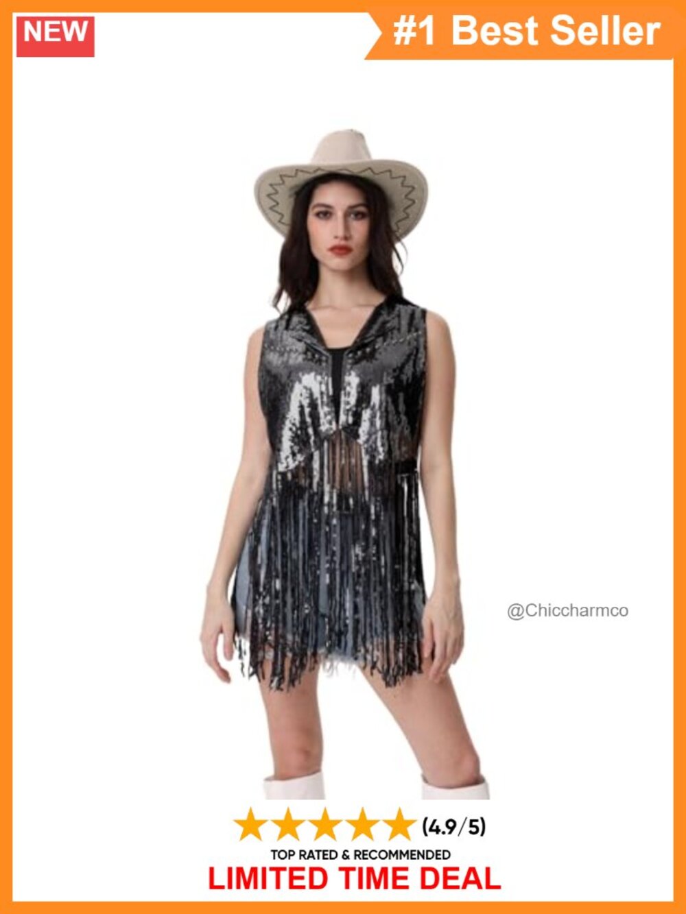 Sequin Fringe Vest Open Front Sleeveless Party Layering Women's Size Large